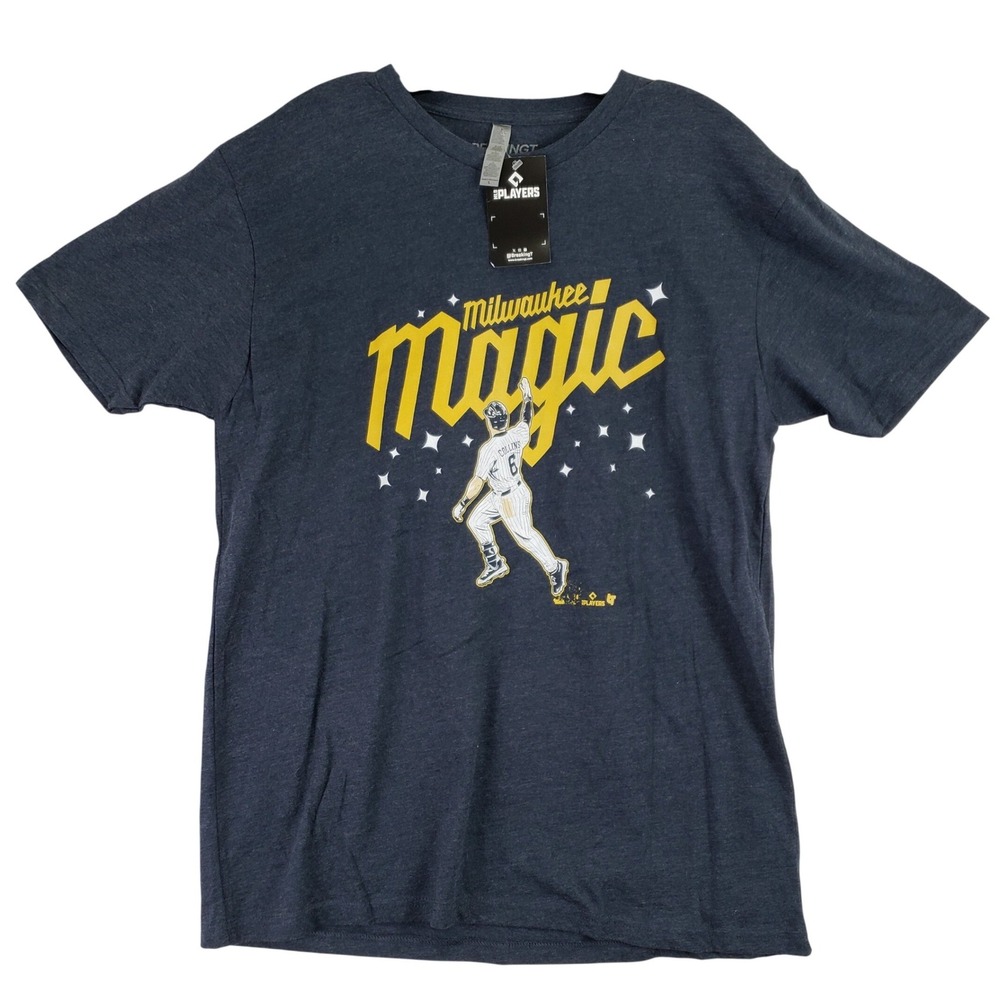 Milwaukee Brewers BreakingT T-Shirt Mens L Navy Collins 6 Magic MLB NWT